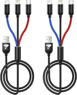 Multi Charging Cable, Multi Charger Cable Nylon Braided 3 in 1 Charging Cable Multi USB Cable Fast Charging Cord with Type-C, Micro USB and IP Port, Compatible with Most Phones & iPads (2 Pack)